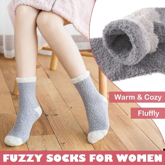 Women Fuzzy Socks Cozy Fluffy Warm Slipper Microfiber Soft Sleep Brown Beige - Picture 3 of 6
